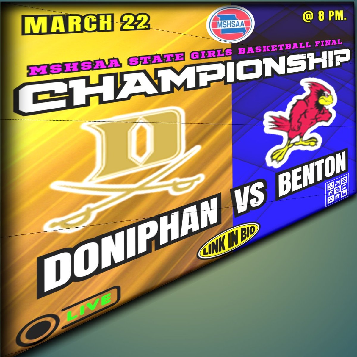 🔥GAMEDAY🔥
🏆MSHSAA STATE FINAL
🏀 Doniphan
🆚️ Benton
📺 Live on: bit.ly/3YiqwI0
🗓 Sat, March 22
 ⏰️8p.
<a href="/bentonboyshoops/">Benton Boys Hoops</a> <a href="/BentonLadyHoops/">Benton Lady Cardinals Basketball</a> <a href="/STUCO_Benton/">Benton_STUCO</a> <a href="/AndrewStroud7/">Andrew Stroud</a> <a href="/amycoysimmons32/">Amy Coy Simmons</a> <a href="/BentonTrack/">Benton Track & Field</a>
<a href="/deimeke03/">Jeff Deimeke</a>