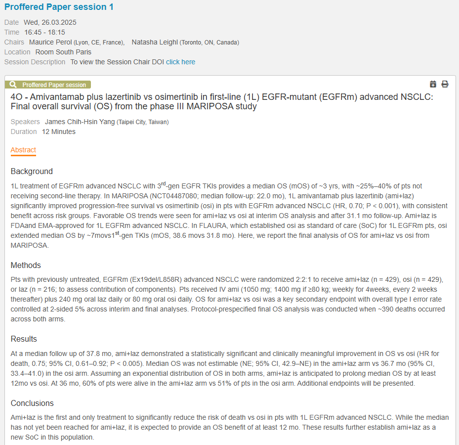 ⏰NOW OUT‼️#ELCC25
🔥MARIPOSA🦋: Amivantamab plus lazertinib vs osimertinib in 1L EGFRm advanced NSCLC: Final OS
🎙️Prof. James Yang 
🎯OS HR 0.75 (95%CI: 0.61-0.92)
🎯Anticipated to prolong mOS by at least 1⃣2⃣mo
✅NCT04487080
#LCSM <a href="/OncoAlert/">OncoAlert</a> <a href="/myESMO/">ESMO - Eur. Oncology</a> <a href="/IASLC/">IASLC</a>