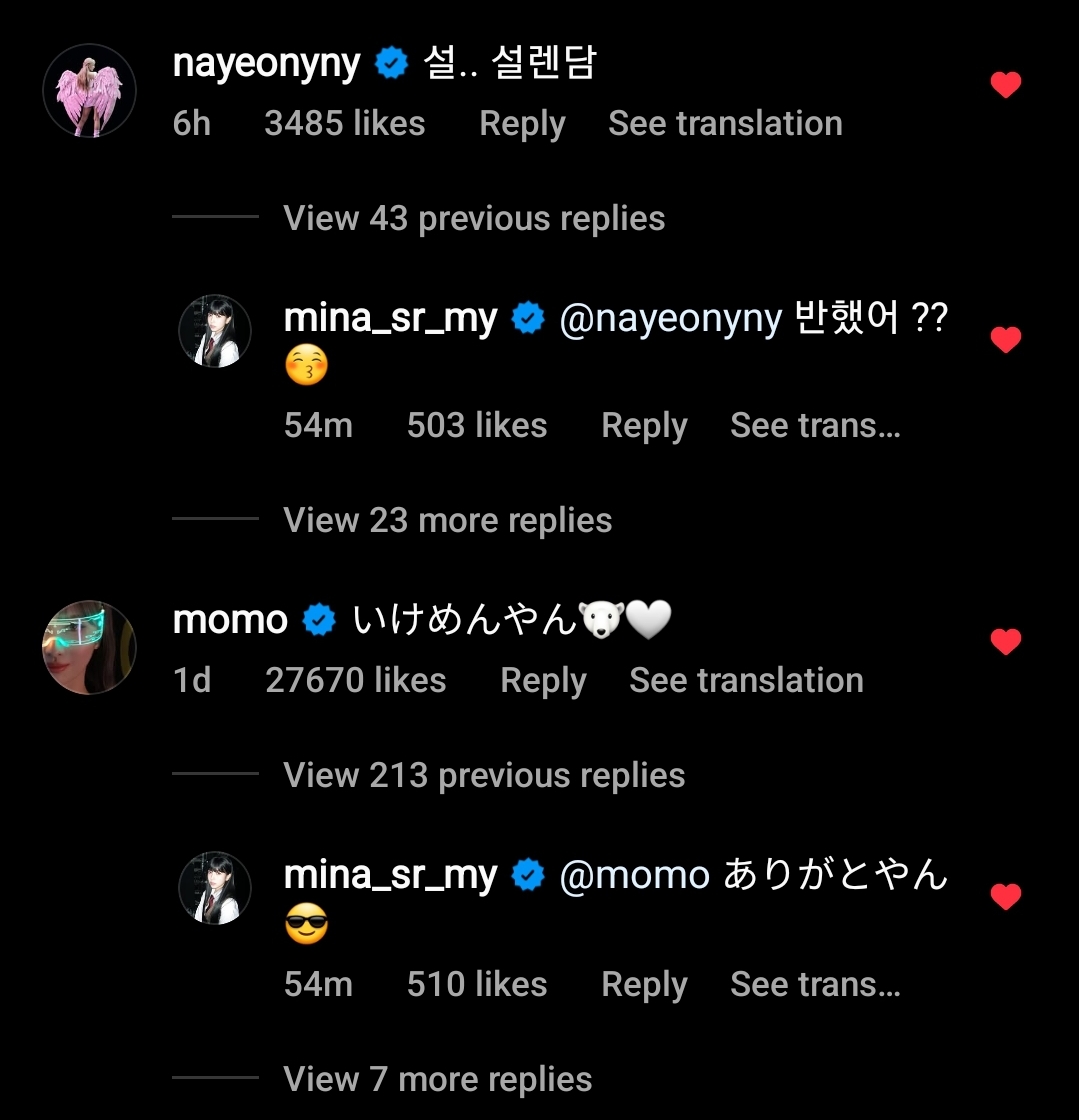 godmitzu's tweet photo. Mina replied to Nayeon and Momo's comments on her IG post

NY: "Heart.. heart fluttering"
MN: "Are you in love with me ?? 😚"

MM: "Ikemen🐻‍❄️🤍" (Japanese for cool/handsome man)
MN: "Thank you😎" https://t.co/ykR80LOrEH