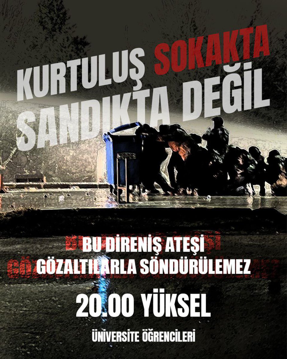 Kampüslerden sokağa omuz omuza veriyoruz,direnişi büyütüyoruz.Bu direniş ateşi gözaltılarla söndürülemez!

📌Yüksel Caddesi
⌚ 20.00