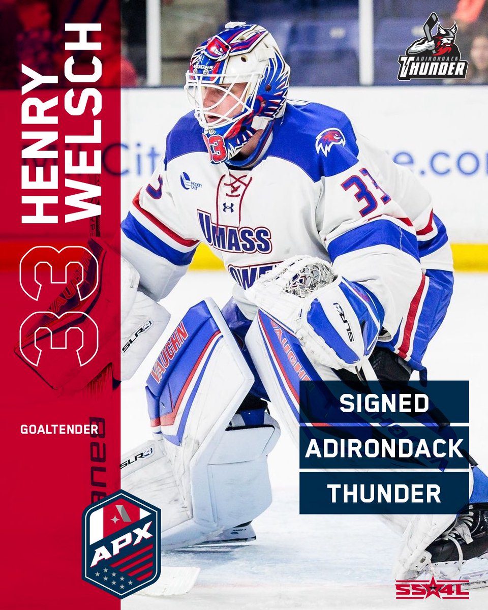 APX Hockey (@apx_hockey) on Twitter photo SIGNED: Congrats to <a href="/RiverHawkHockey/">UMass Lowell Hockey</a> Gr. goaltender <a href="/henry_welsch33/">Henry Welsch</a> signing his first professional contract with <a href="/ECHLThunder/">Adirondack Thunder</a>. ποΈπ
The Lakeville South HS alum just wrapped a prolific college career at UMass-Lowell. Weβre proud to see him make the jump to the pro ranks. SIGNED: Congrats to <a href="/RiverHawkHockey/">UMass Lowell Hockey</a> Gr. goaltender <a href="/henry_welsch33/">Henry Welsch</a> signing his first professional contract with <a href="/ECHLThunder/">Adirondack Thunder</a>. ποΈπ
The Lakeville South HS alum just wrapped a prolific college career at UMass-Lowell. Weβre proud to see him make the jump to the pro ranks.