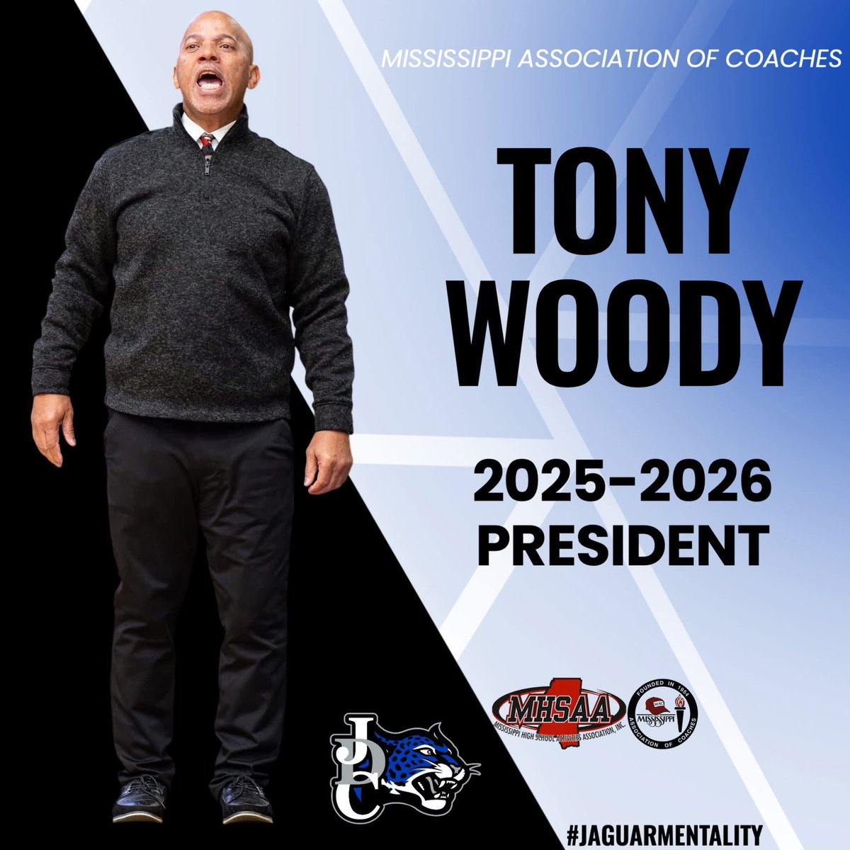 JDCHS_JAGS's tweet photo. Congratulations to our very own Tony Woody, Head Basketball Coach of the Lady Jaguars and Jaguars for being named “Thee 2025-2026 President” of the Mississippi Association of Coaches! #JaguarMentality https://t.co/CXDb8mINms