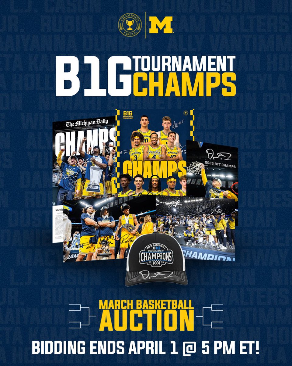 Champions Circle (@champcircleuofm) on Twitter photo A reminder that our March Basketball Auction is open until April 1st! This is your chance to pick up memorabilia signed by your favorite <a href="/umichbball/">Michigan Men's Basketball</a> & <a href="/umichwbball/">Michigan Women’s Basketball</a> student-athletes.
🔗: givebutter.com/c/wEbPTB/aucti… A reminder that our March Basketball Auction is open until April 1st! This is your chance to pick up memorabilia signed by your favorite <a href="/umichbball/">Michigan Men's Basketball</a> & <a href="/umichwbball/">Michigan Women’s Basketball</a> student-athletes.
🔗: givebutter.com/c/wEbPTB/aucti…