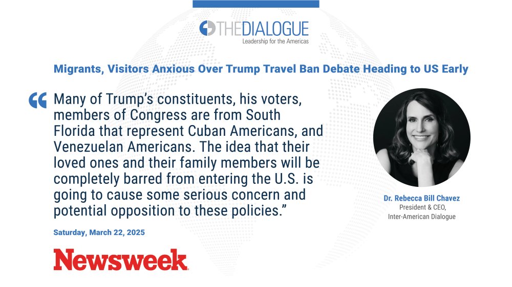 Dr. <a href="/RebeccaBillChav/">Rebecca Bill Chavez</a>, president &amp; CEO of the Dialogue, told <a href="/Newsweek/">Newsweek</a> that there was potential political fallout for the president if the reported list—allegedly targeting travel from 43 countries, including #Venezuela and #Cuba—is implemented.
Full story: newsweek.com/trump-travel-b…