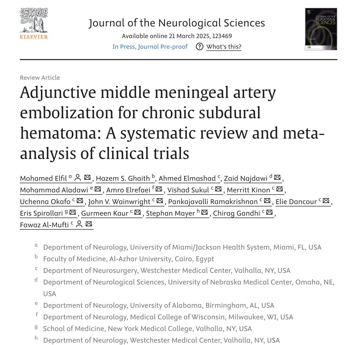 Mohamed Elfil, MD (@mohamedelfilmd) on Twitter photo Excited to share our new publication on Adjunctive MMAE for cSDH, pooling the latest trial data into robust evidence!
<a href="/almuftifawaz/">Fawaz Al-Mufti, MD, FSVIN</a> <a href="/hazemghaithMS/">Hazem Ghaith, MD</a> <a href="/mashad_ahmad/">Ahmed Elmashad</a> <a href="/AmroElrefaeiMD/">Amro Elrefaei MD 🧠🧠</a> <a href="/zaiddnajdawi/">Zaid Najdawi</a> <a href="/stephanamayer/">Stephan A Mayer</a>
sciencedirect.com/science/articl… Excited to share our new publication on Adjunctive MMAE for cSDH, pooling the latest trial data into robust evidence!
<a href="/almuftifawaz/">Fawaz Al-Mufti, MD, FSVIN</a> <a href="/hazemghaithMS/">Hazem Ghaith, MD</a> <a href="/mashad_ahmad/">Ahmed Elmashad</a> <a href="/AmroElrefaeiMD/">Amro Elrefaei MD 🧠🧠</a> <a href="/zaiddnajdawi/">Zaid Najdawi</a> <a href="/stephanamayer/">Stephan A Mayer</a>
sciencedirect.com/science/articl…
