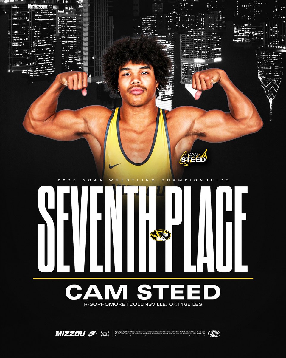 165 | Cam Steed pins his way to a seventh-place finish! 

Steed defeats Amine (OKST) by first-period fall

#TigerState