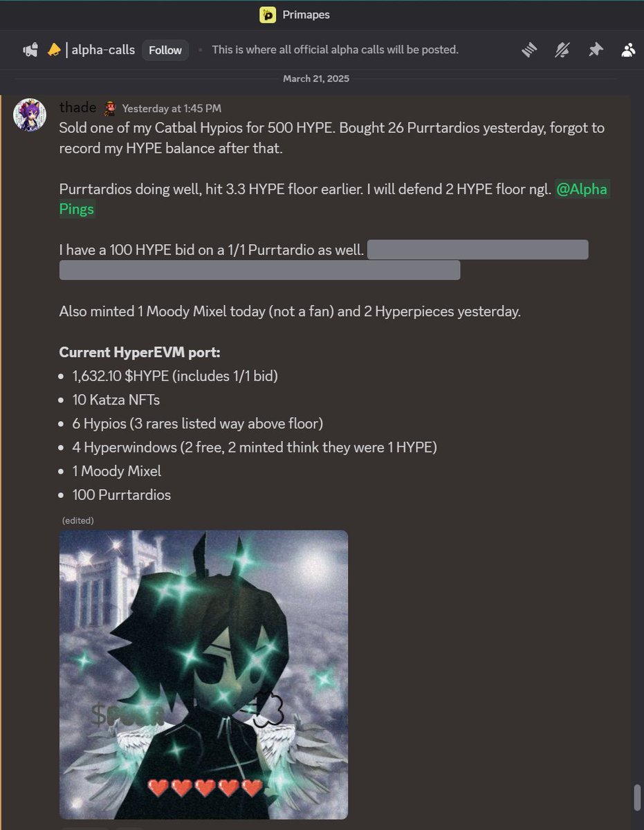 thade.hl (stonks arc) (@0xthade) on Twitter photo Btw, running up to 500 $HYPE -> 50,000 $HYPE challenge, in real time, in the <a href="/PrimapesHL/">Primapes π</a> Discord.
Primapes were the FIRST NFT to bridge to HyperEVM (on day 1). Grab a Primape and lets get this bread.
PURRINCESS SHIT. Btw, running up to 500 $HYPE -> 50,000 $HYPE challenge, in real time, in the <a href="/PrimapesHL/">Primapes π</a> Discord.
Primapes were the FIRST NFT to bridge to HyperEVM (on day 1). Grab a Primape and lets get this bread.
PURRINCESS SHIT.
