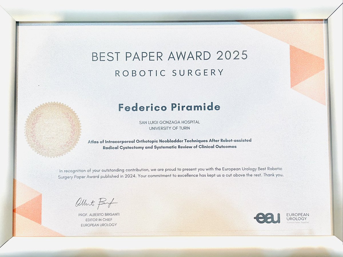 Federico Piramide (@fede_piramide) on Twitter photo Honored to receive the “Best paper in robotic surgery” award at EAU25 in Madrid with my friend <a href="/paolo_delloglio/">Paolo Dell'Oglio</a> for our atlas on different robotic neobladder! 💪🏼🥳
Thanks to all our coauthors for their contribution 🙏🏼
<a href="/EAU_YAURobotics/">EAU_YAURobotics</a> 🤖
<a href="/EUplatinum/">European Urology</a>
<a href="/VattikutiRobotx/">Vattikuti Foundation</a>
#robotics Honored to receive the “Best paper in robotic surgery” award at EAU25 in Madrid with my friend <a href="/paolo_delloglio/">Paolo Dell'Oglio</a> for our atlas on different robotic neobladder! 💪🏼🥳
Thanks to all our coauthors for their contribution 🙏🏼
<a href="/EAU_YAURobotics/">EAU_YAURobotics</a> 🤖
<a href="/EUplatinum/">European Urology</a>
<a href="/VattikutiRobotx/">Vattikuti Foundation</a>
#robotics