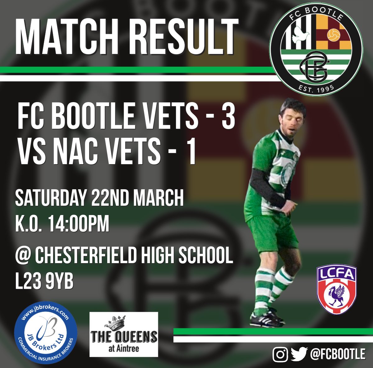 A 3 - 1 win against NAC Vets sees us reach our second Vets County Cup Final in our quest to retain the trophy. 

A closer game than the scoreline suggests in a very competitive match.

An extremely proud club who intends to celebrate this evening! 

💚💚💚