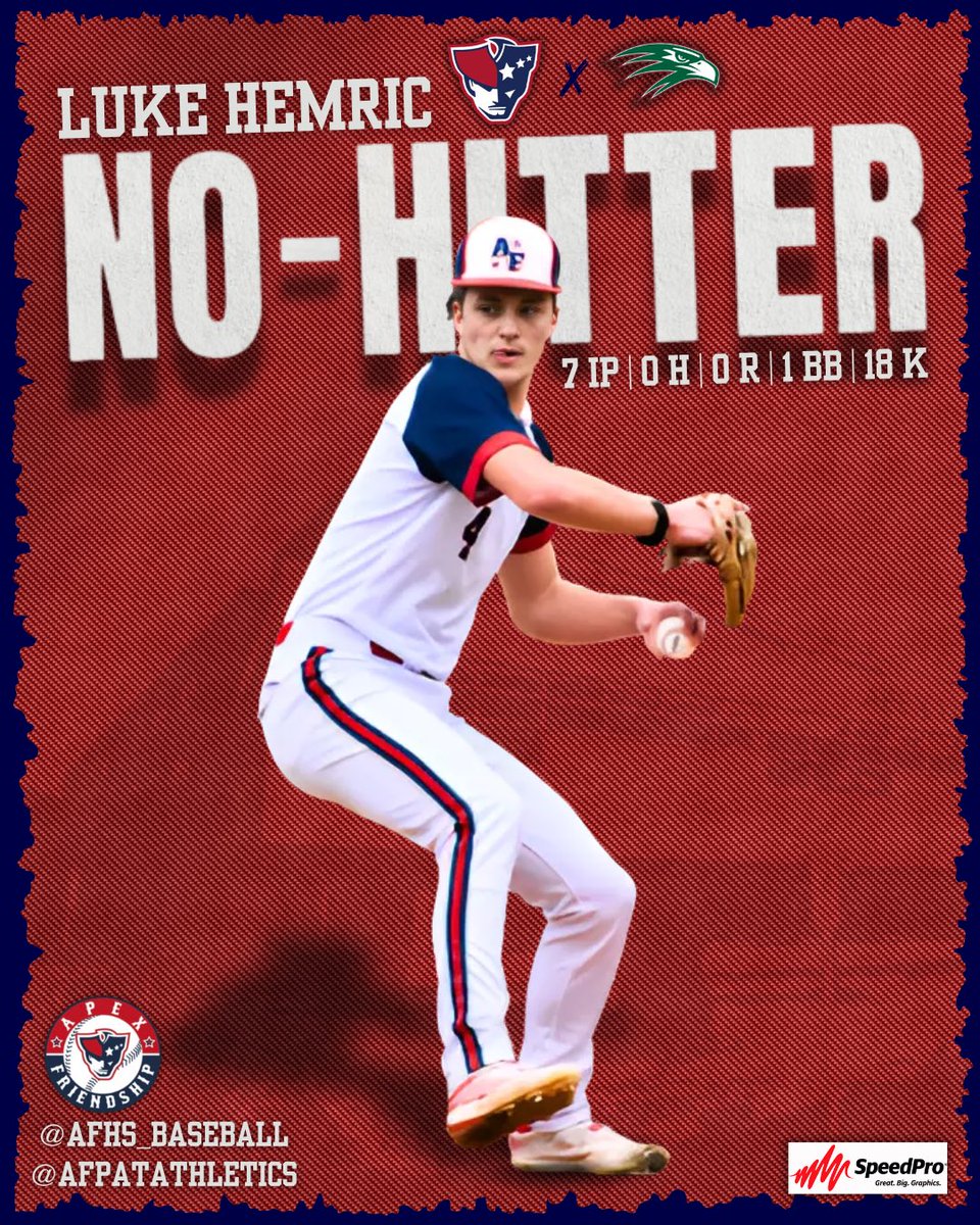 ICYMI: Sr. Luke Hemric pitched a complete game no-hitter last night against Green Hope! 18 Ks &amp; 1 BB. Congratulations! ⚾️ (Graphic design: Davis Buff) PatFam #RepAFHS 

✅ Perfect game (‘23)
✅ 2nd career no-hitter (‘23/‘25)
✅ Highest strikeout total 18  Ks (14 Ks ‘23)

Wow!