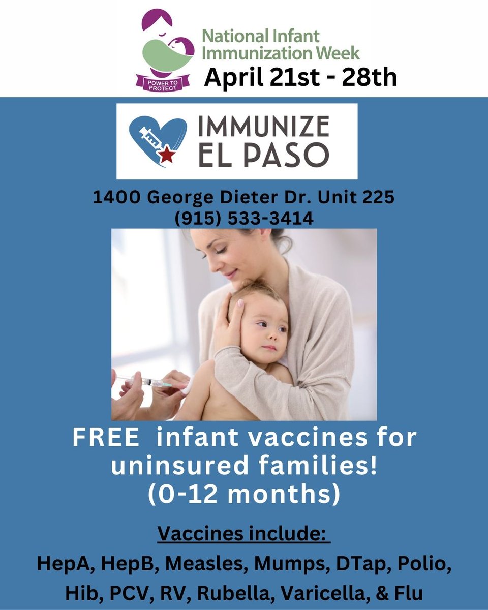 🚨 Reminder! 🚨 National Infant Immunization Week is right around the corner (April 21st-28th)! 🍼✨ During this week, we're offering FREE vaccines for infants (0-12 months) in uninsured families. 
Vaccinations save lives and make a BIG difference in keeping our babies healthy!