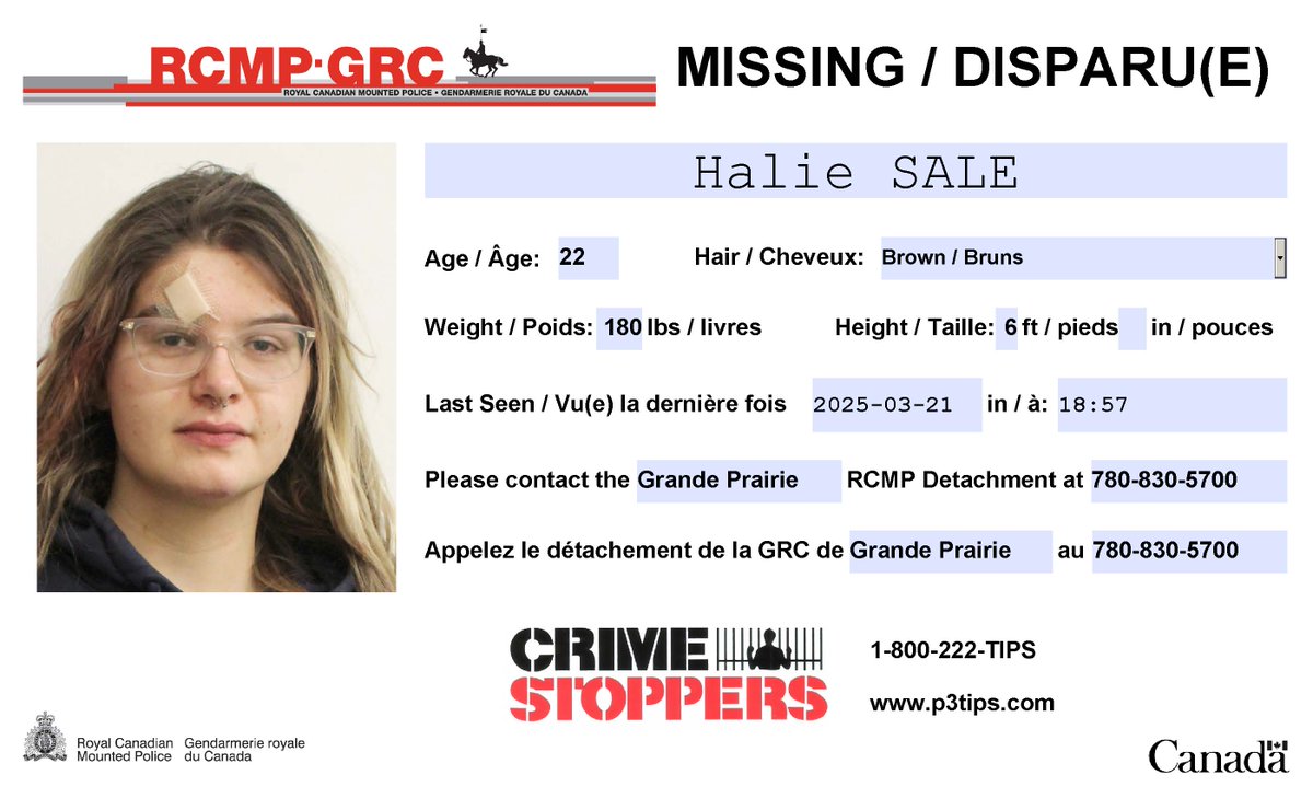 #Missing: Halie Sale, 22, #GrandePrairie. Possibly in #YellowheadCounty.