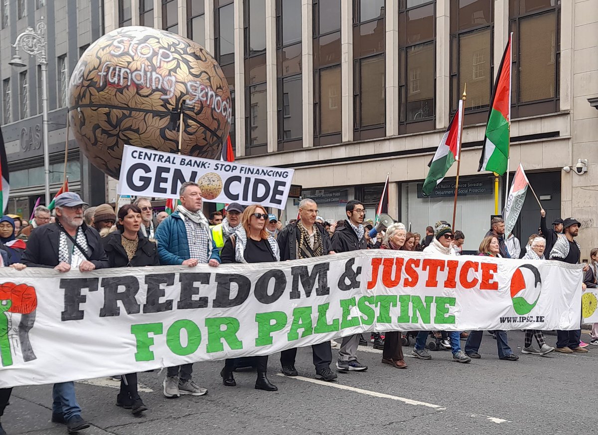 The <a href="/ipsc48/">IPSC</a> national protest for Palestine in Dublin today demanded that the Irish government sanction Israel, stop the use of Shannon airport by the US military and use of Irish airspace by Israeli military transport planes. End all complicity with #Genocide #FreePalestine