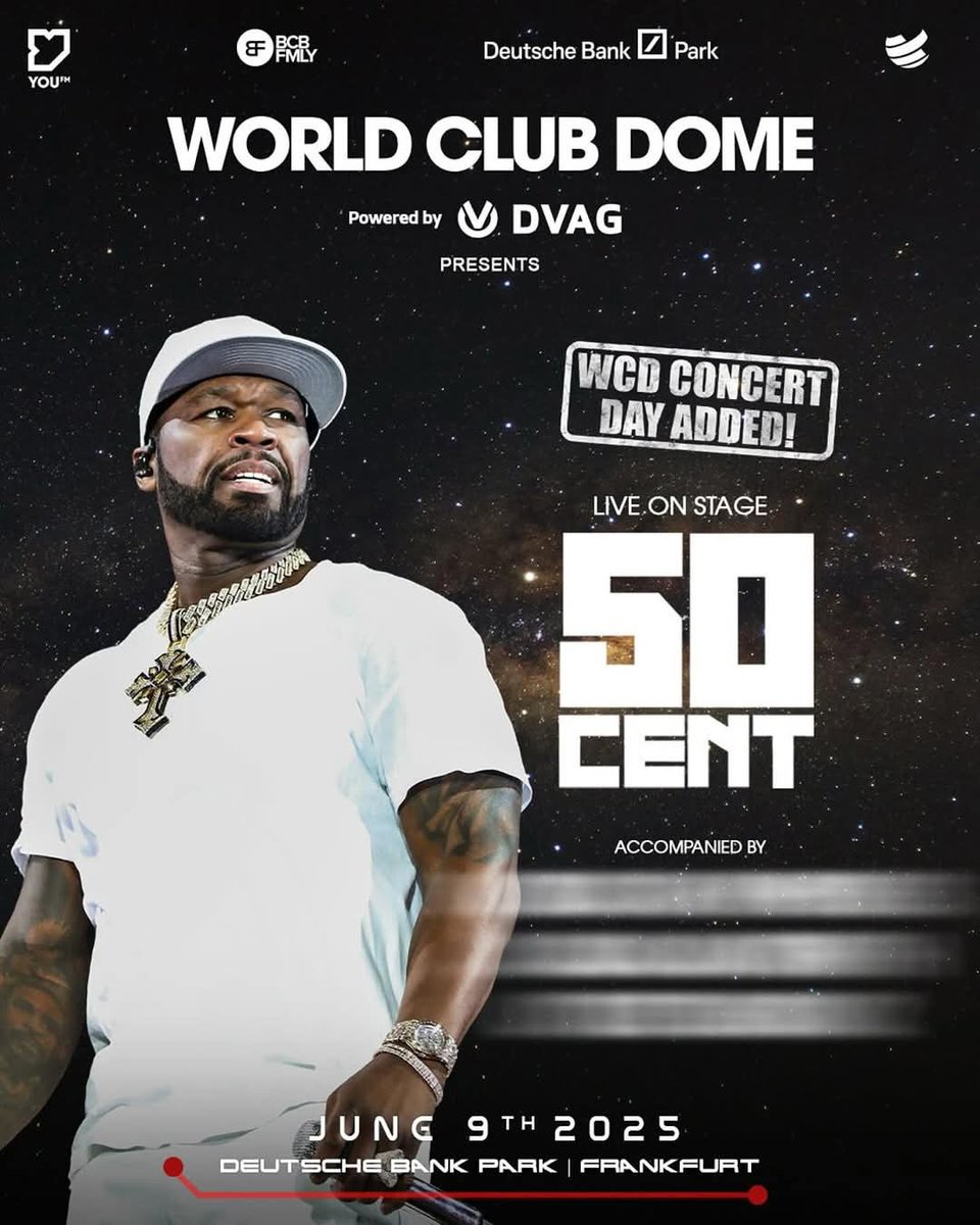 FestDates's tweet photo. World Club Dome: 50 Cent - June 9, 2025
Deutsch Bank Park, Frankfurt 

#festdates #concert #shows #tours #showtickets #concerttickets #50cent https://t.co/QE83VgXyjd