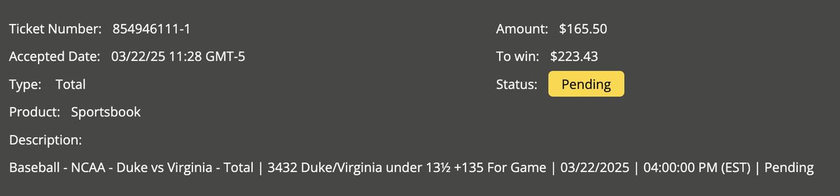 RealCJArbGuy's tweet photo. Arb Alert! 🚨 Risk-Free $23  
Your shortcut to consistent wins!   
Arb Details:-Duke V Virginia 13.5 Runs    
Risking $200 on FD to win $388.68 on Over 13.5 Runs
Risking $165.5 on Betonline to win $223.43 U 13.5 Runs
No matter what I win $388 Total, Free $23. https://t.co/5dhw1k5aAE
