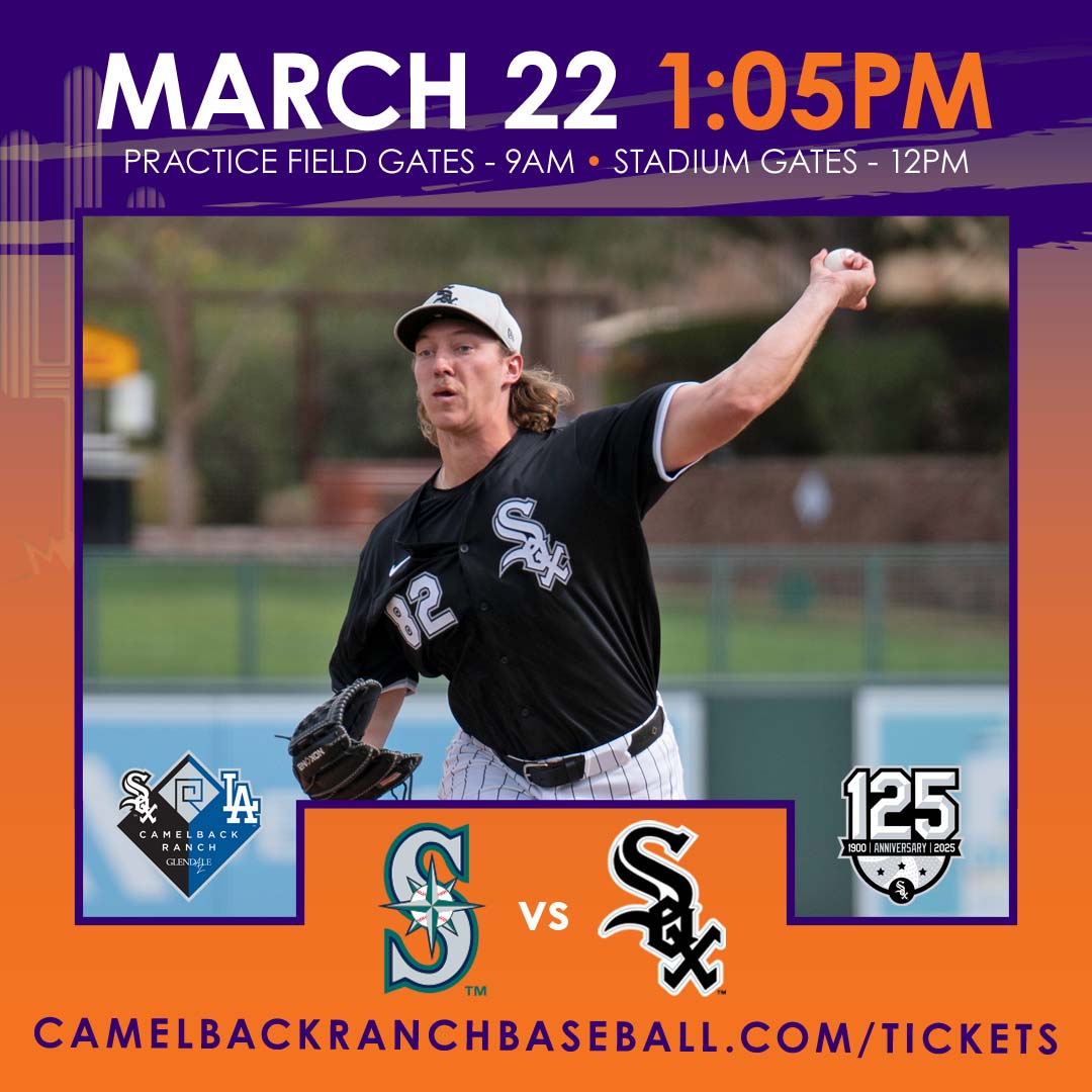 🌵⚾️ | MARCH 22 |  SEA // CWS                    

The final weekend of 2025 Spring Training is underway as the Sox host the Seattle Mariners today at 1:05 pm.

TIX: camelbackranchbaseball.com/tickets 

#SoxSpringTraining