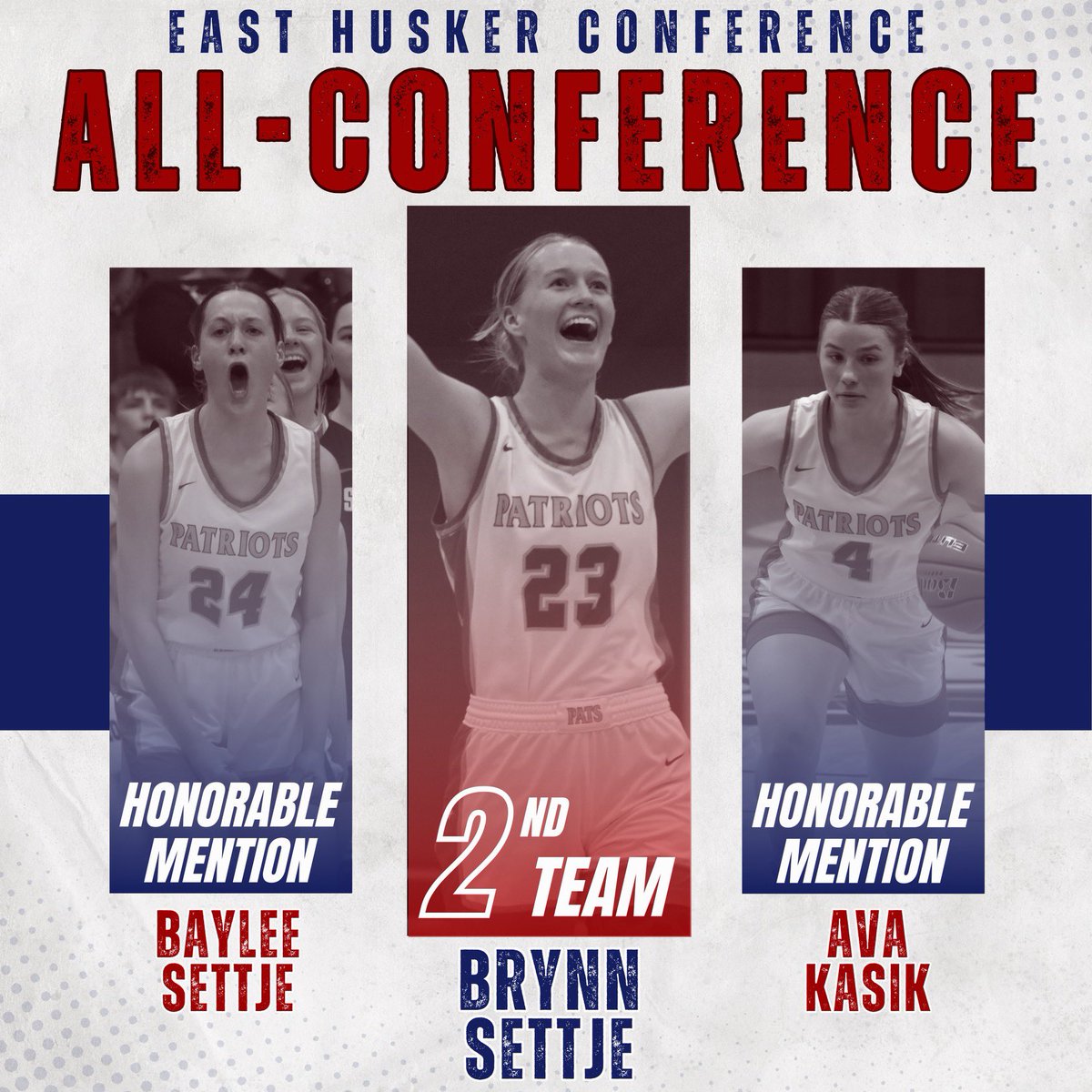 Congrats to Brynn Settje, Baylee Settje, and Ava Kasik on earning East Husker Conference All-Conference honors! 

🏀 Brynn Settje - 2nd Team All-Conference
🏀 Baylee Settje - Honorable Mention
🏀 Ava Kasik - Honorable Mention

Proud of your hard work and dedication this season!