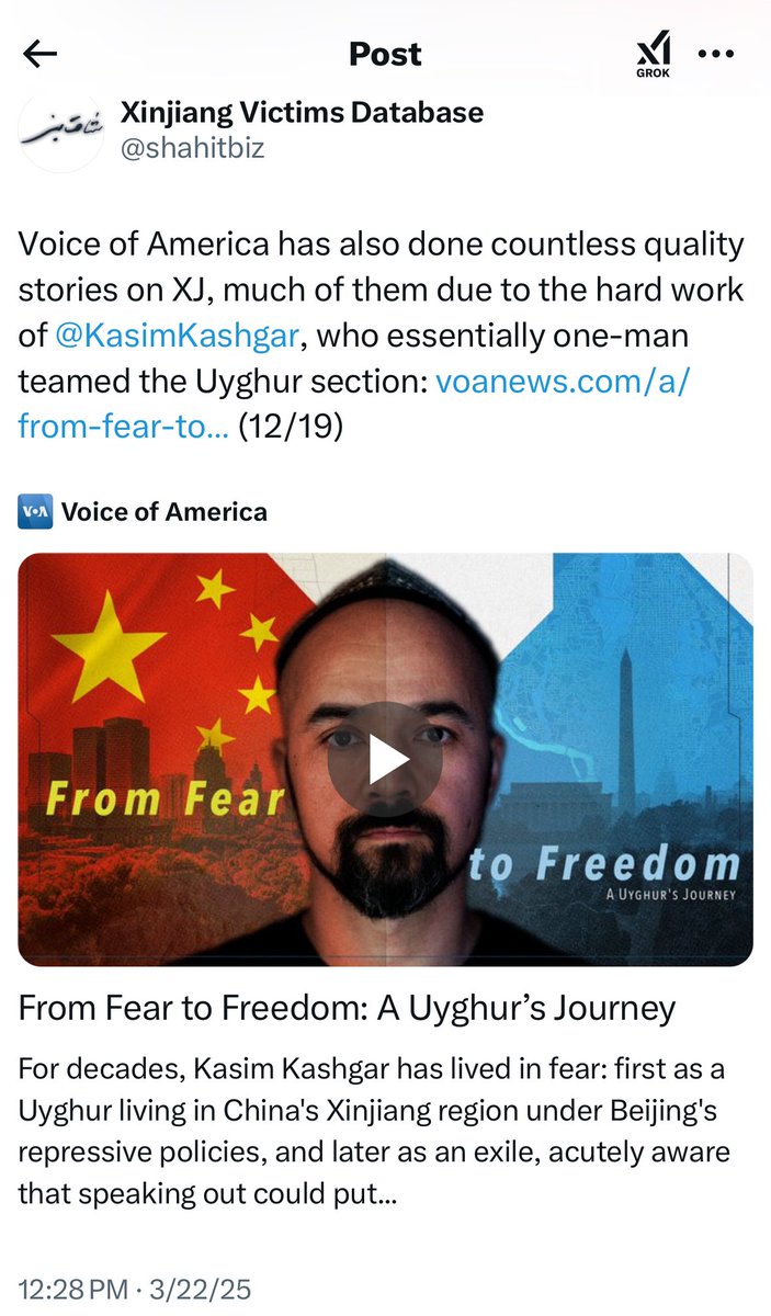 Big thanks to <a href="/shahitbiz/">Xinjiang Victims Database</a> for spotlighting my work and tirelessly documenting the victims of China’s unlawful mass incarceration of Uyghurs and others. With VOA and its USAGM sister orgs silenced for a week now, it’s a reminder how vital they are. America’s got a powerful tool