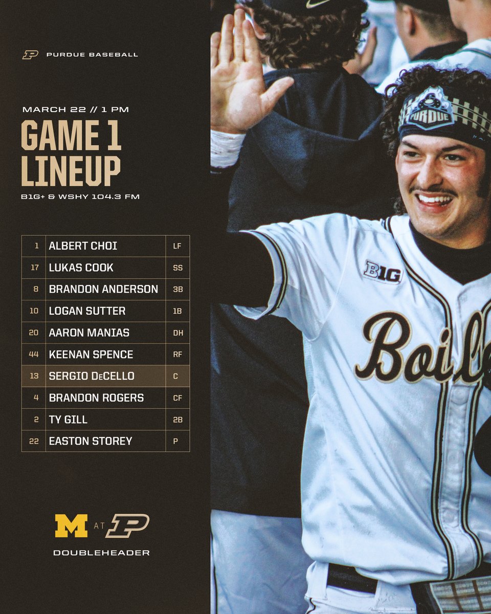 Purdue Baseball (@purduebaseball) on Twitter photo Welcome back <a href="/DecelloSergio/">Sergio DeCello</a>. He's back in the lineup for the 1st time since March 2. #BoilerUp
#Purdue's 1st twinbill in Big Ten play since April 2023 vs PSU
📊 Live Stats: boile.rs/BSB32225
📻 WSHY 104.3 FM: boile.rs/Listen
💻 Stream B1G+: boile.rs/B1Gp32225 Welcome back <a href="/DecelloSergio/">Sergio DeCello</a>. He's back in the lineup for the 1st time since March 2. #BoilerUp
#Purdue's 1st twinbill in Big Ten play since April 2023 vs PSU
📊 Live Stats: boile.rs/BSB32225
📻 WSHY 104.3 FM: boile.rs/Listen
💻 Stream B1G+: boile.rs/B1Gp32225