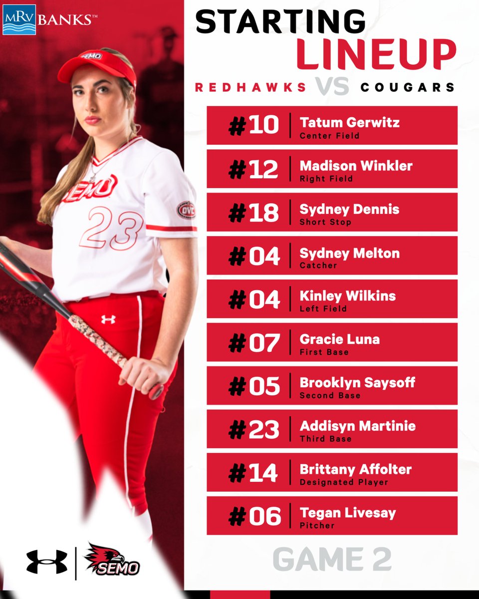 Game 2⃣ Starting Lineup🔥

Here is the Redhawks starting lineup for Game 2 against the SIUE Cougars presented by MRV Banks🥎

#FeelinRowdy