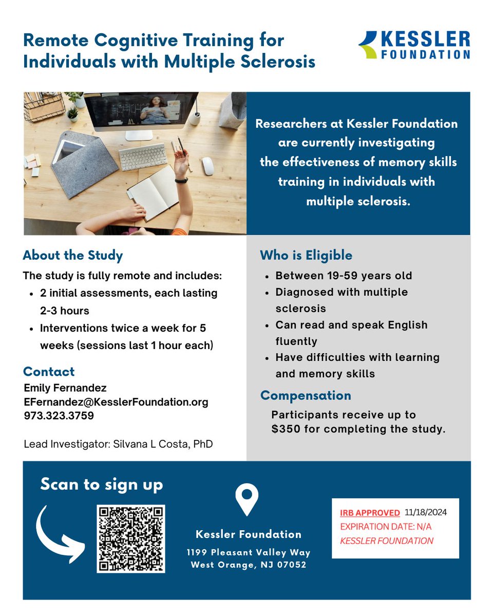 KesslerFdn's tweet photo. Are you experiencing challenges with learning and memory due to multiple sclerosis? Join our remote cognitive training study! For more information, visit: https://t.co/whSQCy2q3w
#MS #Memory #CognitiveTraining #MultipleSclerosis #MSAwarenessMonth #MSResearchStudy #KesslerResearch #KesslerChangingLives