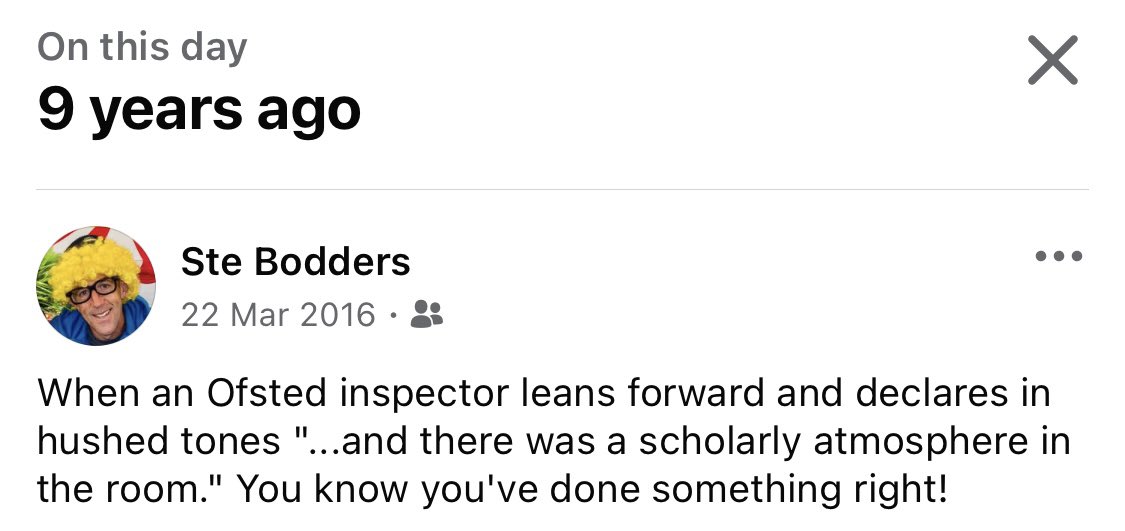 stephenbodman (@stephenbodman) on Twitter photo What a memory! 
The same inspector was passing my room the next day and heard me say, “I’m glad you made that mistake, now we’ll find out why and how to avoid it in the future.” <a href="/MaryMyatt/">Mary Myatt</a> #ofsted #misconception What a memory! 
The same inspector was passing my room the next day and heard me say, “I’m glad you made that mistake, now we’ll find out why and how to avoid it in the future.” <a href="/MaryMyatt/">Mary Myatt</a> #ofsted #misconception