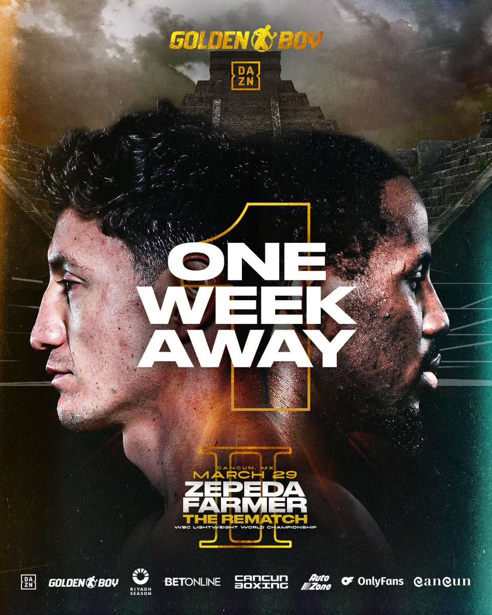 GoldenBoyBoxing's tweet image. 𝑻𝒉𝒆 𝒄𝒐𝒖𝒏𝒕𝒅𝒐𝒘𝒏 𝒃𝒆𝒈𝒊𝒏𝒔! ⏳ #ZepedaFarmer2 goes down in Cancun 𝐍𝐄𝐗𝐓 𝐖𝐄𝐄𝐊! 🏝️🔥

#ZepedaFarmer2 | #TheREMATCH LIVE on DAZN March 29