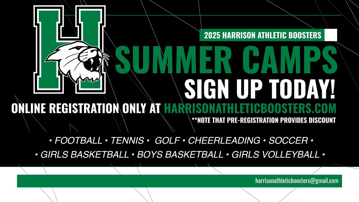 Registration for Summer Youth Athletic Camps is now open! Open to students in grades K-8, this is a great opportunity for young athletes to have fun, stay active, and learn more about a sport.

Get more details and the link to register here:
harrisonwildcats.net/News/772b4608-…