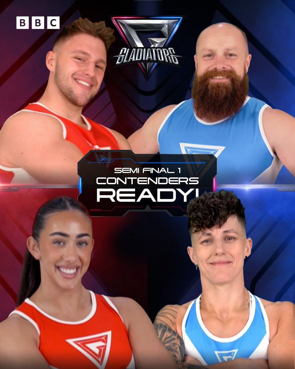 It's Semi-Final time where it’s the battle of the Joe’s… Joe F from Scarborough takes on Joe H from The Wirral. In the girls contest Keeva from Belfast takes on Amanda from Warrington. 🔴🔵

Watch #Gladiators tonight at 5.50pm on BBC One (BBC Two in Wales) &amp; iPlayer.