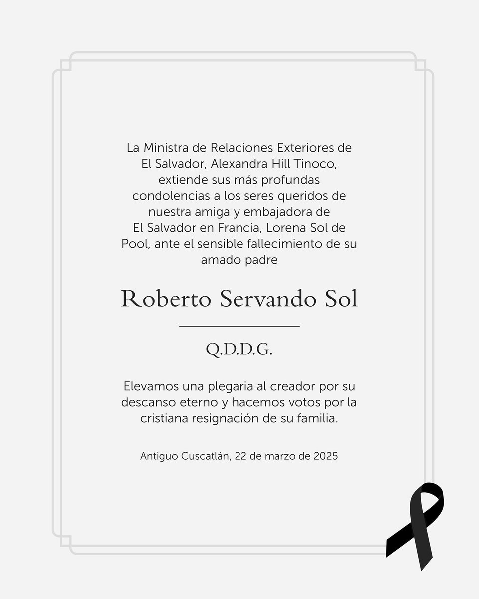 Mis más sinceras condolencias y solidaridad en este momento de dolor, querida embajadora Sol de Pool.

Que Dios les dé fortaleza y les brinde consuelo a ti y tu familia ante esta irreparable pérdida.