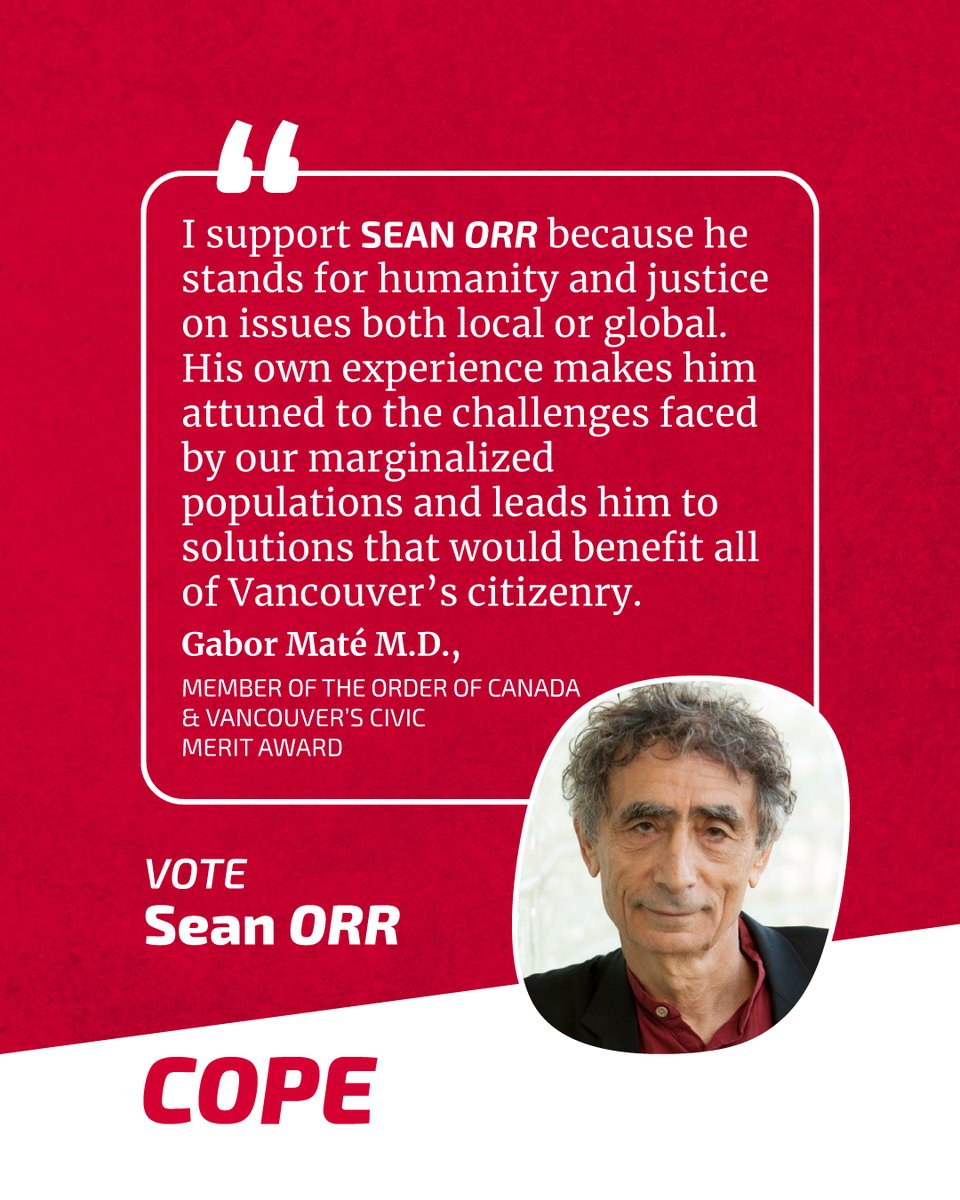 COPEVancouver's tweet image. Gabor Maté is a Member of the Order of Canada and a recipient of the City of Vancouver’s Civic Merit Award.   

We are honoured he has endorsed @SeanOrr for City Council in the April 5th by-election. 

#SeanOrrForCityCouncil #vanpoli #VanVotes2025
