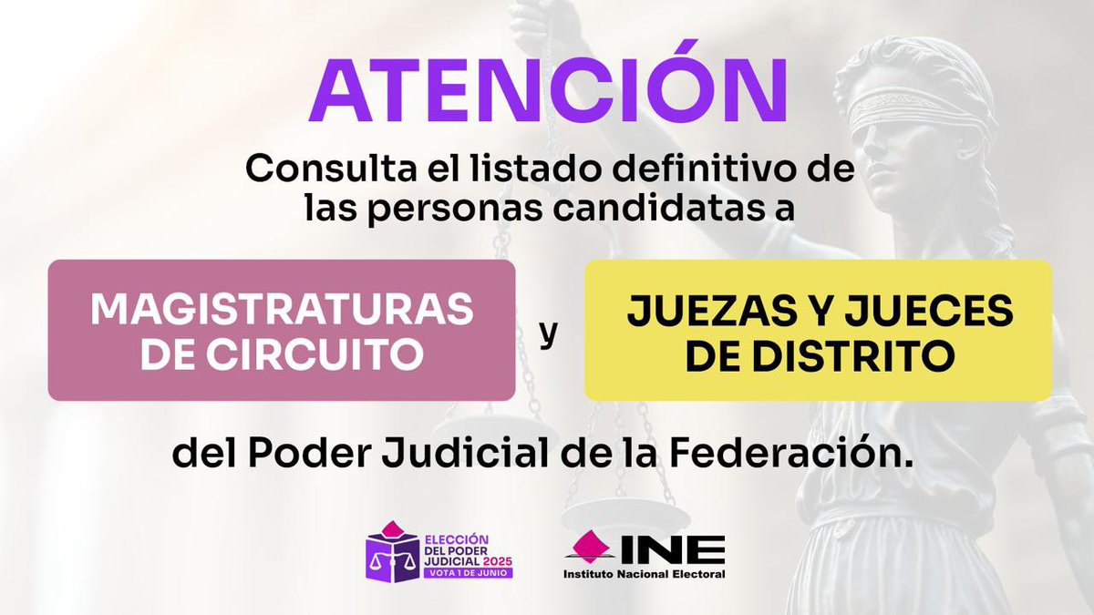 📌Consulta aquí el listado definitivo de personas candidatas a:

Magistraturas de Circuito➡️  ine.mx/wp-content/upl…

Juezas y Jueces de Distrito➡️ine.mx/wp-content/upl…