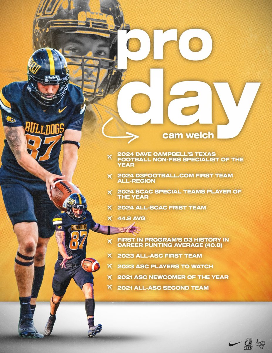 Kendrick Marshall (@coachmarshall_) on Twitter photo Looking forward to watching our punter <a href="/Cam_tha_kicker/">Cameron Welch</a> showcase his skills Monday at UTSAโs Pro Day!
He earned this opportunity with hard work and dedication!
#D3FB Looking forward to watching our punter <a href="/Cam_tha_kicker/">Cameron Welch</a> showcase his skills Monday at UTSAโs Pro Day!
He earned this opportunity with hard work and dedication!
#D3FB