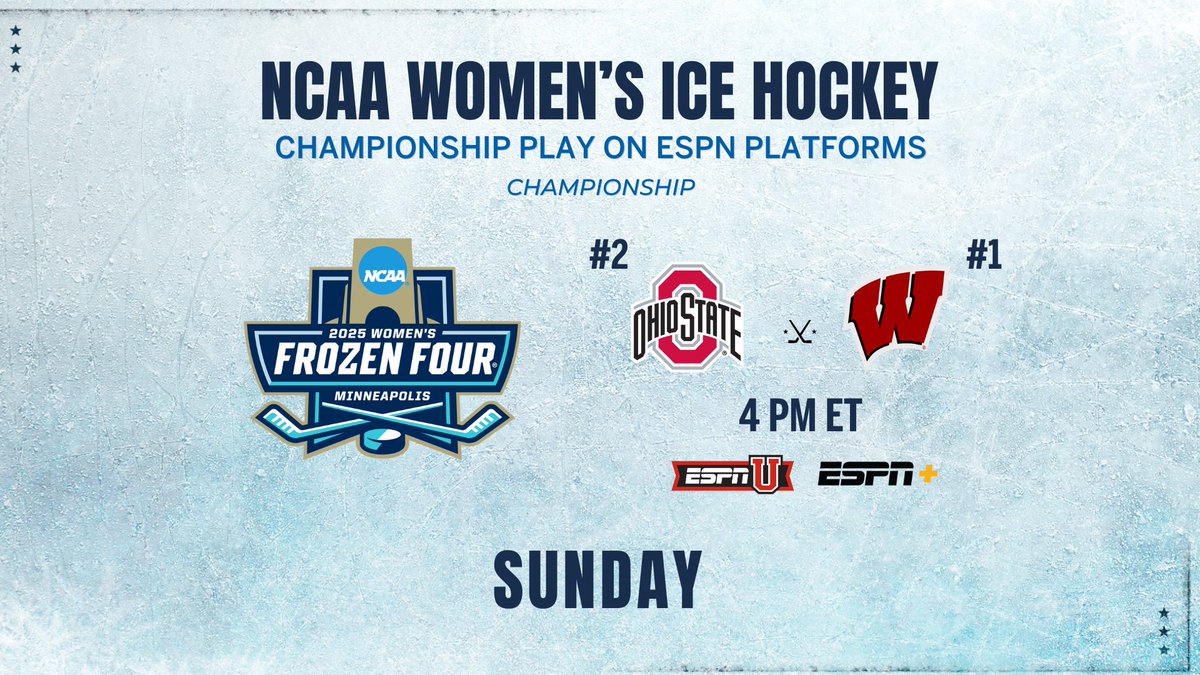 ESPN PR (@espnpr) on Twitter photo The stage is set 📢
Sunday, catch a rematch of last year's title game
#NCAAHockey Women's Championship Game
🏒 4p ET | No. 2 <a href="/OhioStateWHKY/">Ohio State Women's Hockey</a>- No. 1 <a href="/BadgerWHockey/">Wisconsin Hockey</a> | ESPNU, ESPN+
🎙️ <a href="/JasonRossJr1/">Jason Ross Jr</a>, <a href="/AJMleczko/">AJ Mleczko Griswold</a>, <a href="/SportBlake/">Blake Bolden</a>
Studio | <a href="/Arda/">ᴀʀᴅᴀ Öᴄᴀʟ</a>, <a href="/AngelaRuggiero/">Angela Ruggiero</a>, <a href="/paige_cap21/">Paige Capistran</a> The stage is set 📢
Sunday, catch a rematch of last year's title game
#NCAAHockey Women's Championship Game
🏒 4p ET | No. 2 <a href="/OhioStateWHKY/">Ohio State Women's Hockey</a>- No. 1 <a href="/BadgerWHockey/">Wisconsin Hockey</a> | ESPNU, ESPN+
🎙️ <a href="/JasonRossJr1/">Jason Ross Jr</a>, <a href="/AJMleczko/">AJ Mleczko Griswold</a>, <a href="/SportBlake/">Blake Bolden</a>
Studio | <a href="/Arda/">ᴀʀᴅᴀ Öᴄᴀʟ</a>, <a href="/AngelaRuggiero/">Angela Ruggiero</a>, <a href="/paige_cap21/">Paige Capistran</a>