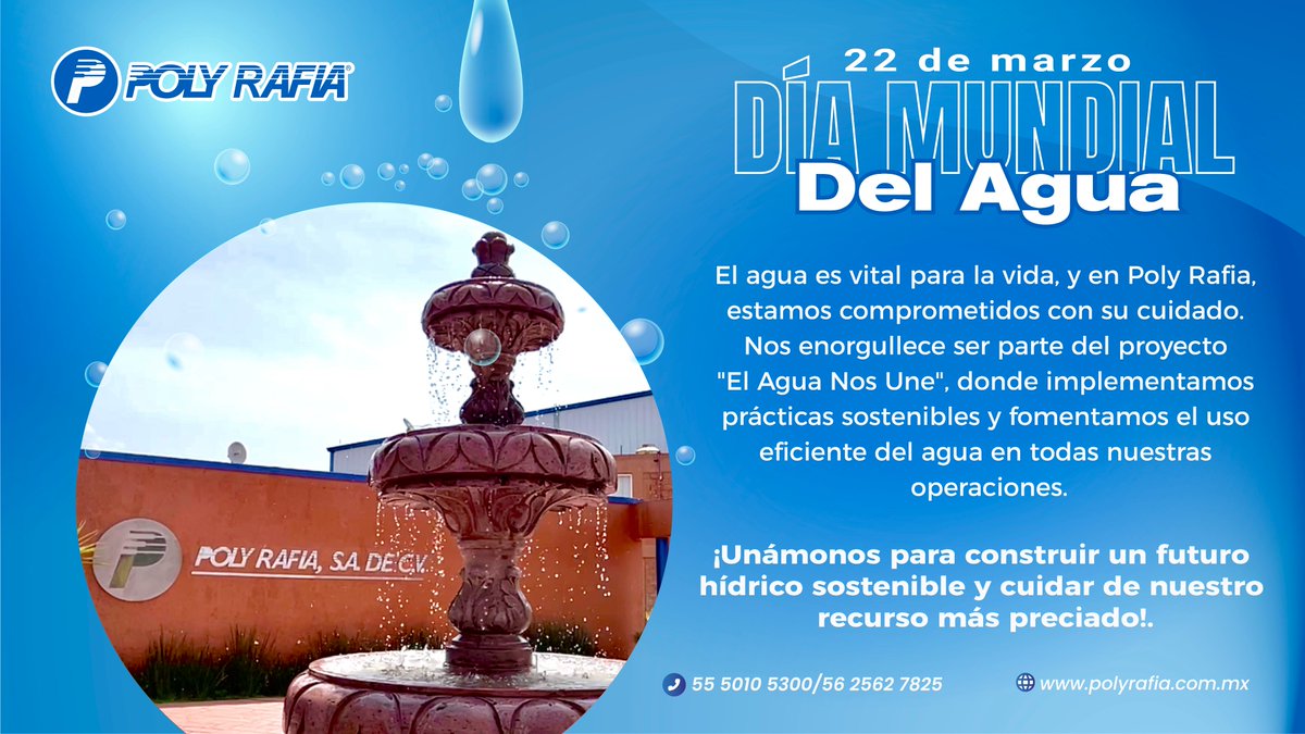 PolyRafiaMX's tweet image. #diamundialdelagua: Juntos por un Futuro Sostenible.

En @PolyRafiaMX creemos que el agua es un recurso invaluable que debemos proteger. En este día reafirmamos nuestro compromiso con la #sostenibilidad y la conservación de este vital recurso.