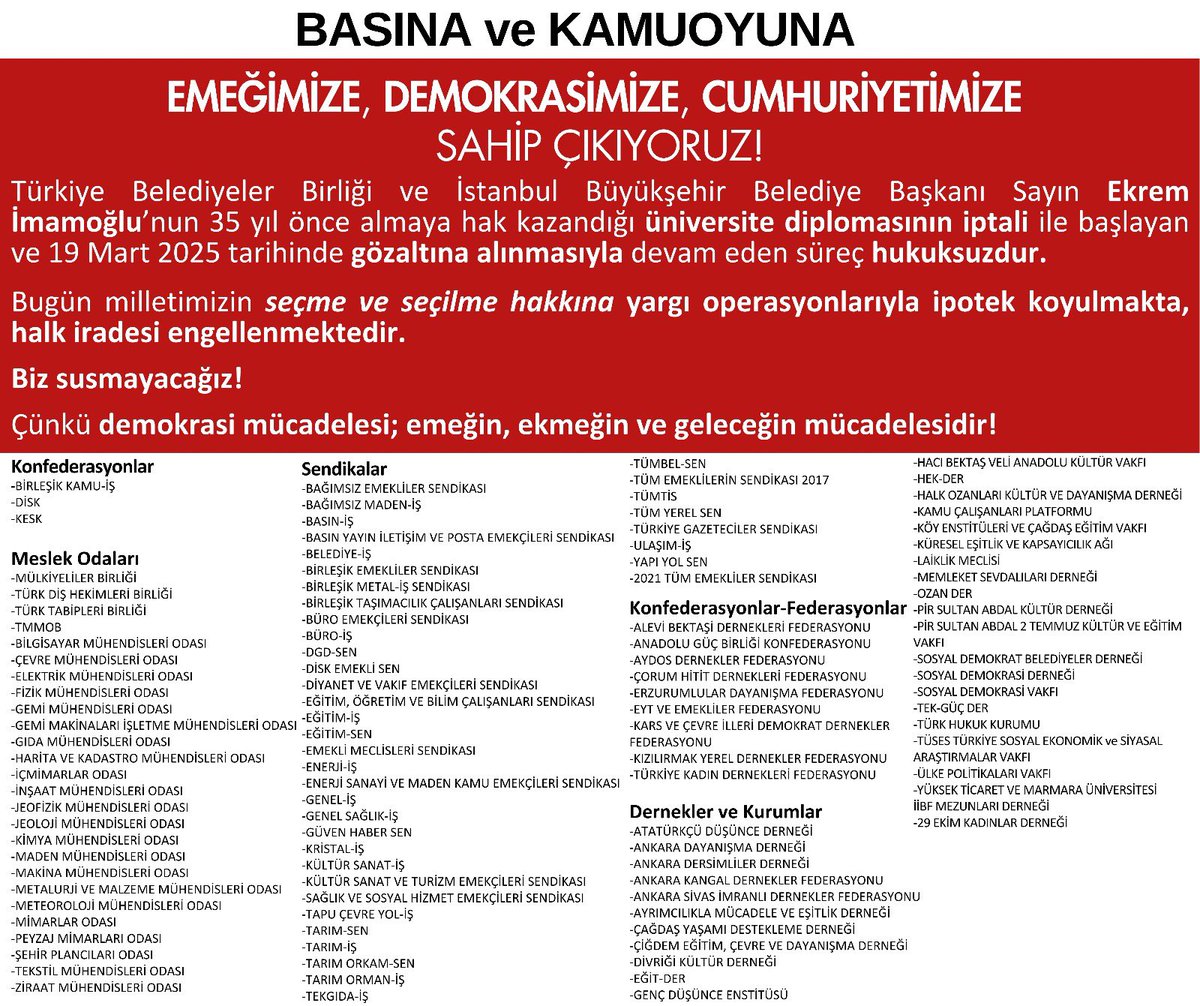 Demokrasiye ve halkın iradesine sahip çıkan, emeğin, ekmeğin ve geleceğin mücadelesini veren herkese teşekkür ediyoruz.

#İmamoğluMilleteEmanet