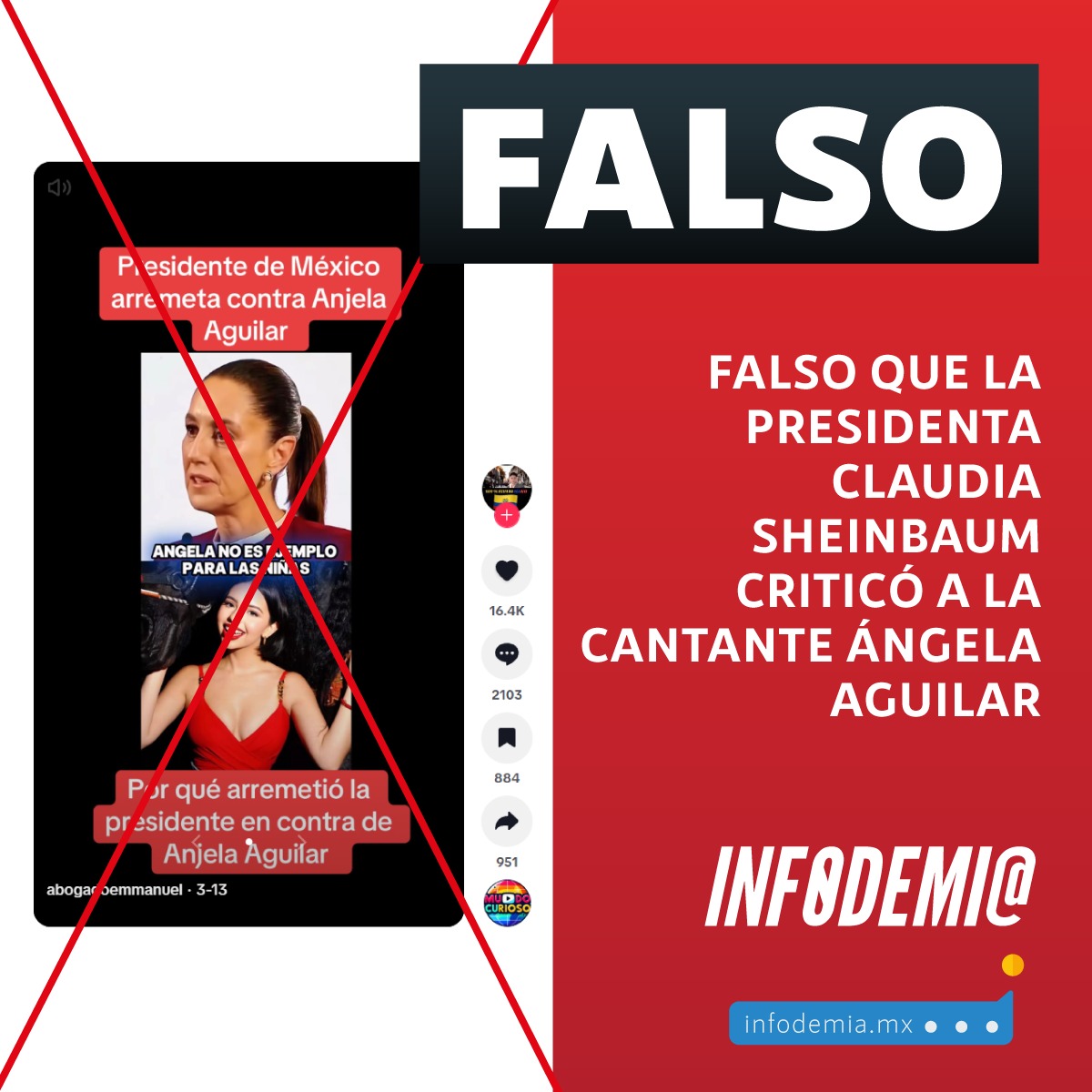 infodemiaMex's tweet photo. ❌Falso que la presidenta #ClaudiaSheinbaum criticó a la cantante #ÁngelaAguilar

✅El clip de la presidenta @Claudiashein donde supuestamente critica a la cantante Ángela Aguilar, fue manipulado mediante inteligencia artificial. El video original corresponde a la Mañanera del Pueblo del 13 de febrero de 2025, donde la mandataria no hizo mención alguna de la artista mexicana.