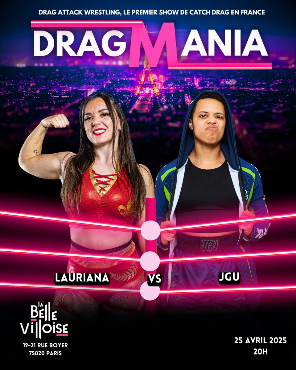 ‼️ NOUVEAU MATCH ANNONCÉ ‼️

Lauriana, la princesse du catch sudiste et membre de l’équipe Big Bang, affrontera l’indomptable, intrépide, explosive JGU !

📍 Rendez-vous à la Bellevilloise le 25 avril pour le show Dragmania !

Billetterie : shotgun.live/fr/events/drag…