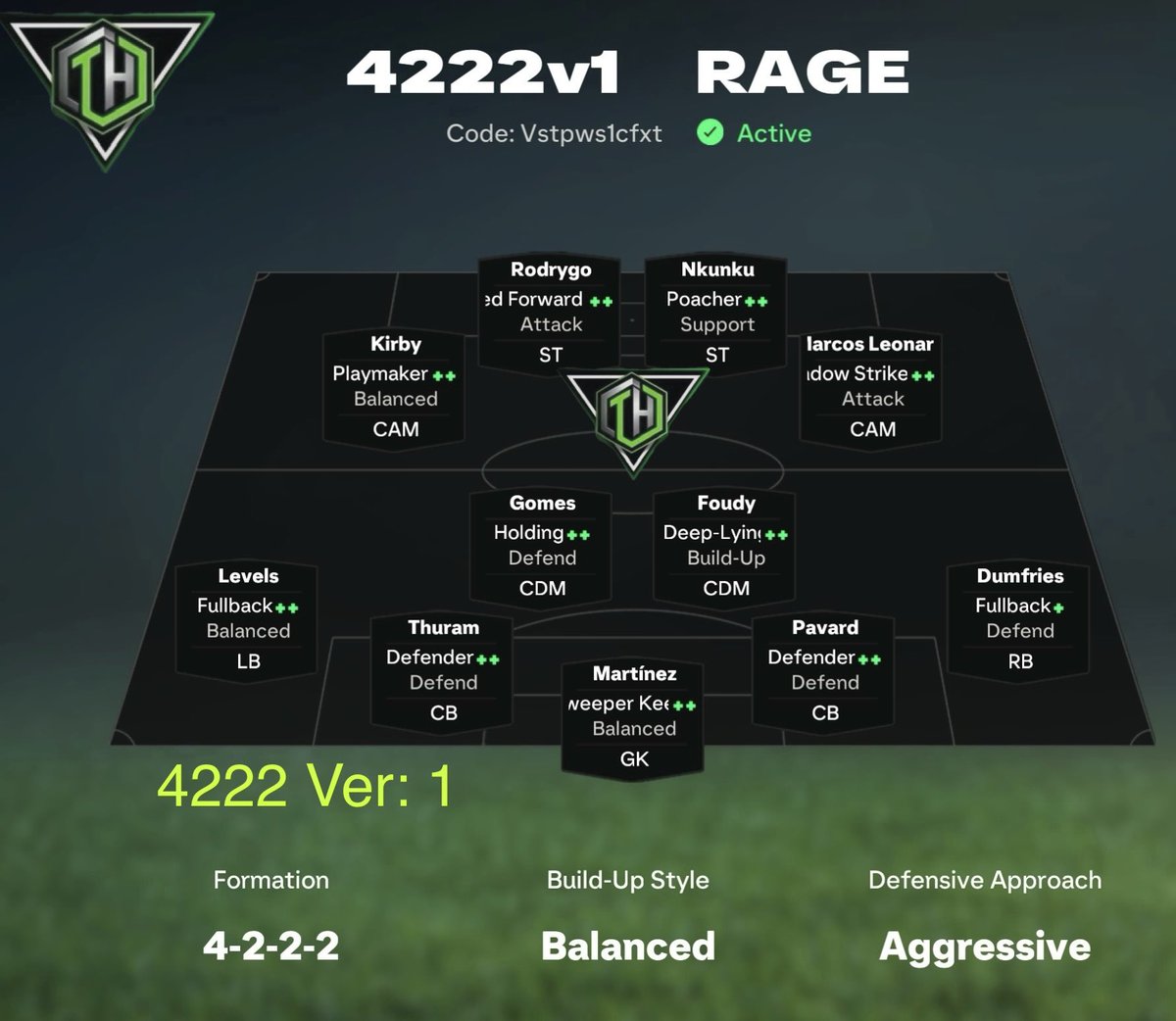 🟢⚫️   4222   New Post Patch TACTiCS  v:1
Meta

🟢CODE:     Vstpws1cfxt

✅ Co-ordinated Build-Up
✔️ Plenty Left in the Tank
✅ Defensively Solid

 🌊 Movement, Movement, Movement. 
• This double ST, double CAM format post patch is working beautifully!
• Now with most players