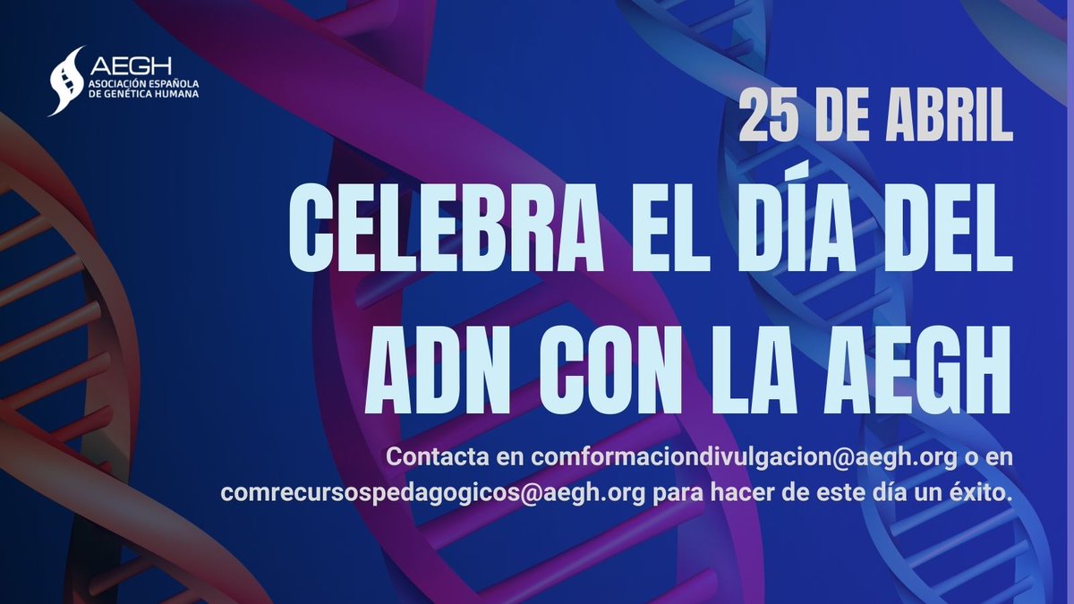 📢 ¡El #DNADay se acerca! Desde la Comisión de Formación y Divulgación de la #AEGH hemos preparado recursos y buscamos socios/as con ganas de divulgar genética🧬

💡 Contenidos para centros educativos
🧑‍🏫 Mentoría para actividades
🌍 Ideas nuevas y colaboración

👉 ¡Escríbenos!