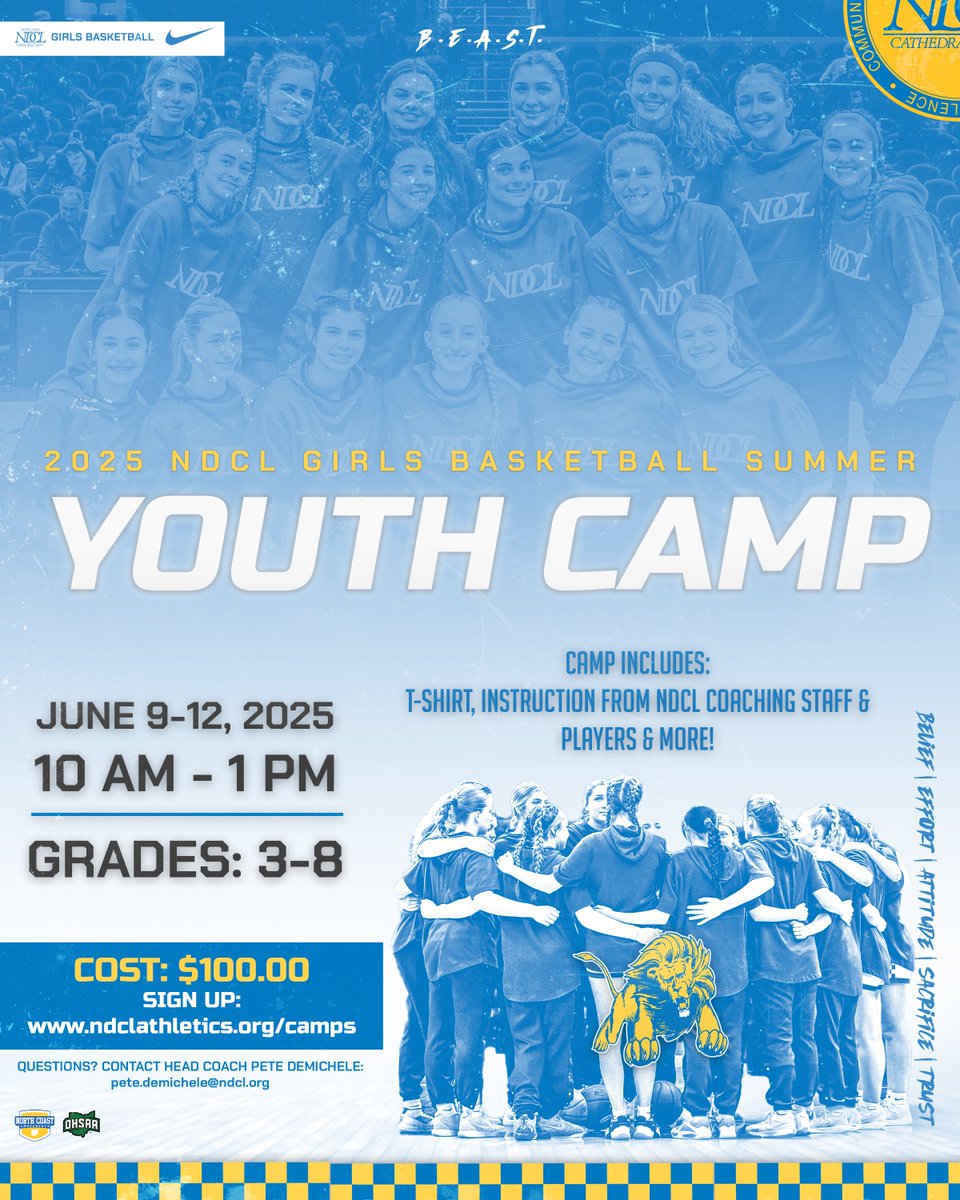 SUMMER CAMP SIGN-UPS ARE LIVE‼️🏀🏕️

Come be a Lion for the week from June 9-12! 🦁 Open to Girls Grades 3-8. 4️⃣ Days of Basketball, Fun and MORE! Instruction from our staff and players. You don't want to miss it 👀

Sign up TODAY: ndclathletics.org/camps

#WeAreNDCL | #BEAST🦁