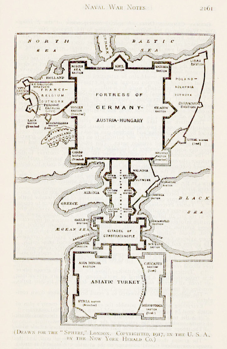 RhodesMaps's tweet image. An unusual #map/cartogram... Sep 1917 issue of @USNIProceedings, &quot;Naval War Notes,&quot; ed. by then-LT Isaac Kidd. An article on &quot;Attacking the Great Germanic Fortress&quot; presents the Central Powers as having a single fortification with connected citadels and bastions. #geography