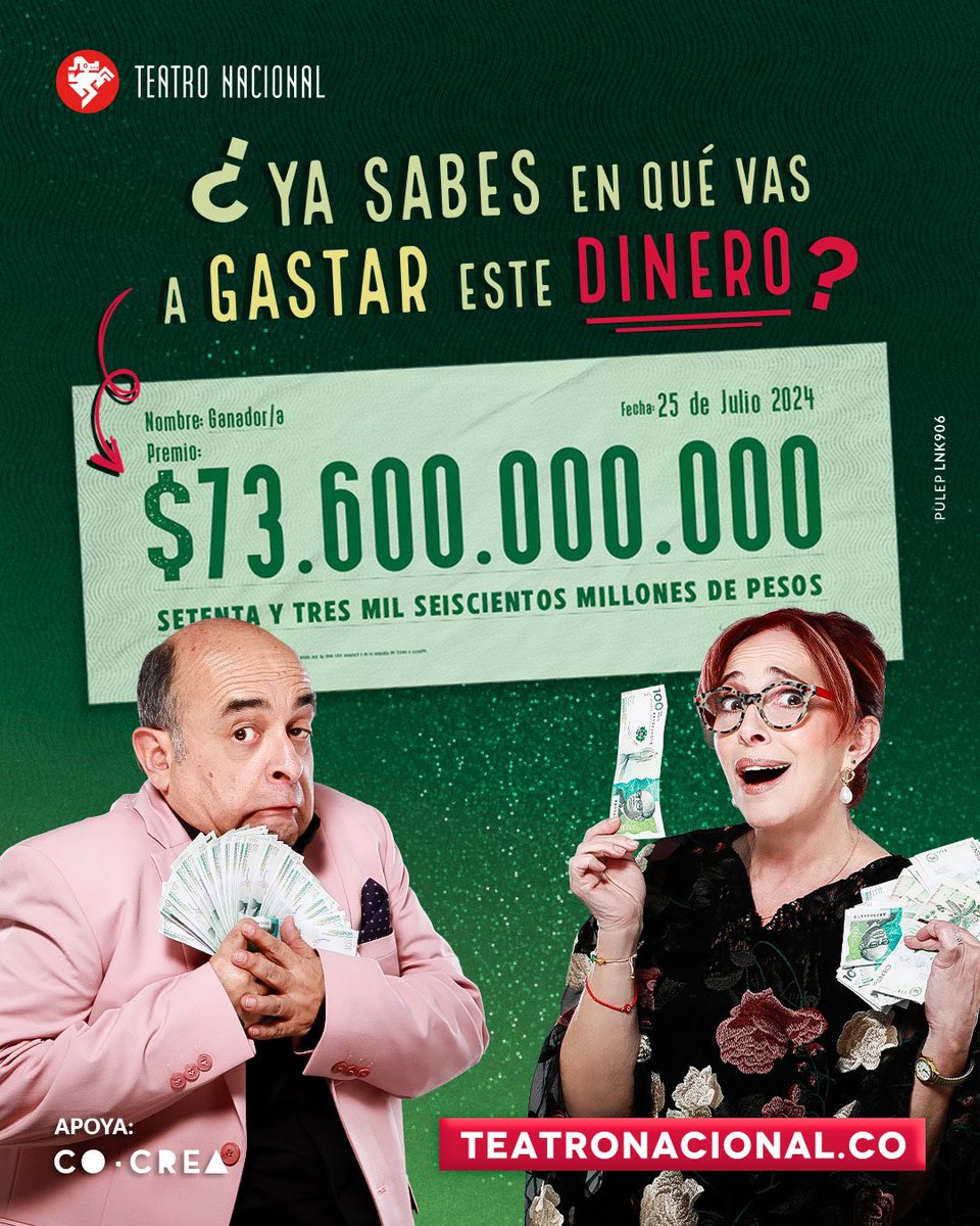 Si te ganaras esa cifra 🤩 ¿en qué te lo gastarías? 🏡 🚙 ✈️ 
Mientras lo piensas, compra tus entradas para ver “NO Al dinero” de jueves a sábado en el Teatro Nacional Calle 71 📍  
🎫 TEATRONACIONAL.CO