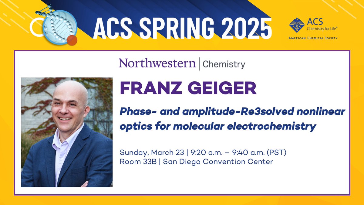 Northwestern Chemistry (@nuchemistry) on Twitter photo Sunday at #ACSSpring2025: Start the week off right with these NU Chemistry seminars featuring cutting-edge research!
Begin your day by learning about #electrochemistry with the <a href="/geiger_lab/">Franz Geiger</a>. Sunday at #ACSSpring2025: Start the week off right with these NU Chemistry seminars featuring cutting-edge research!
Begin your day by learning about #electrochemistry with the <a href="/geiger_lab/">Franz Geiger</a>.
