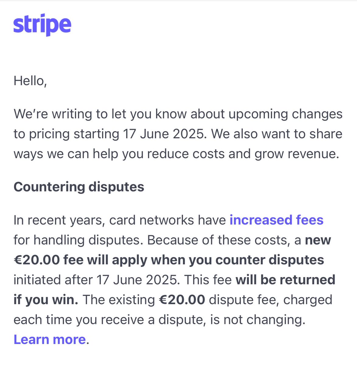 pryley's tweet photo. @marclou @marclou You have it good. In Ireland, Stripe charges €40 fees for disputes (with, as you say, only 20% chance to recover €20 of the fees). https://t.co/UJw0auX4jj