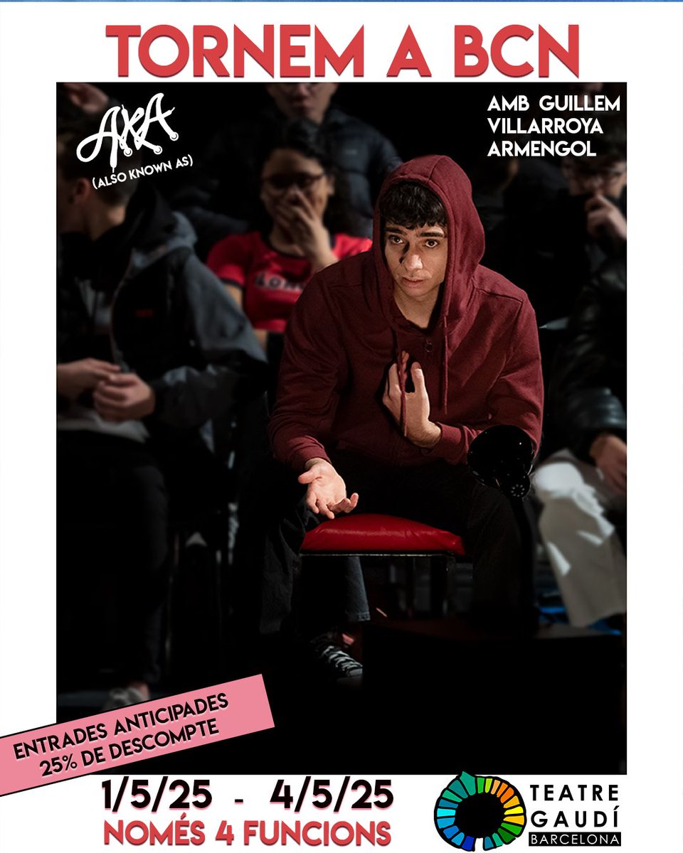 AKA TEATRO (@akabcn) on Twitter photo 🛹 Torna A.K.A (Also Known As) a Barcelona al <a href="/teatregaudi/">Teatre Gaudí</a>
💣 Només 4 FUNCIONS ✌️
🏃 Correu, que les entrades després volen 🛫
🎟️ link a Bio
#Teatre #Teatro #Barcelona 🛹 Torna A.K.A (Also Known As) a Barcelona al <a href="/teatregaudi/">Teatre Gaudí</a>
💣 Només 4 FUNCIONS ✌️
🏃 Correu, que les entrades després volen 🛫
🎟️ link a Bio
#Teatre #Teatro #Barcelona