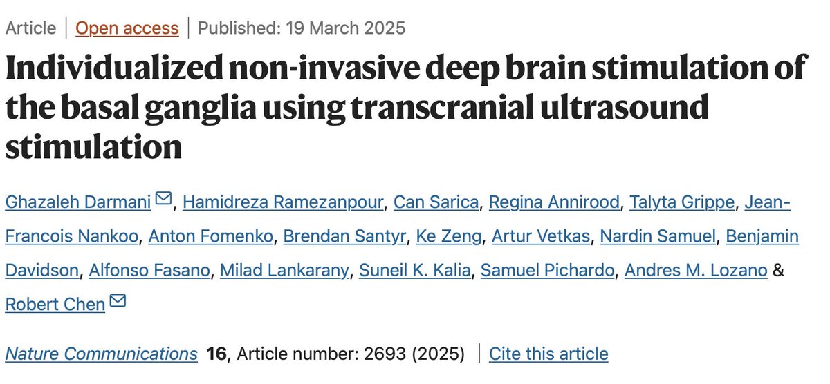 Can SARICA (@cansarica2) on Twitter photo Proud to share the first of our two-part sequel papers on the #TUS-#DBS project! <a href="/NatureComms/">Nature Communications</a> nature.com/articles/s4146…
We recorded local field potentials using #PerceptPc #DBS systems in #Parkinsons patients while applying transcranial ultrasound stimulation (#TUS) — aiming to Proud to share the first of our two-part sequel papers on the #TUS-#DBS project! <a href="/NatureComms/">Nature Communications</a> nature.com/articles/s4146…
We recorded local field potentials using #PerceptPc #DBS systems in #Parkinsons patients while applying transcranial ultrasound stimulation (#TUS) — aiming to