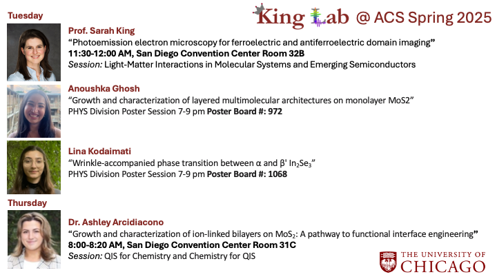 Come see the King Lab at #ACSSpring2025 ! We have a great contingent with two amazing undergraduates, a fantastic postdoc, and me 😃! See you in San Diego soon!