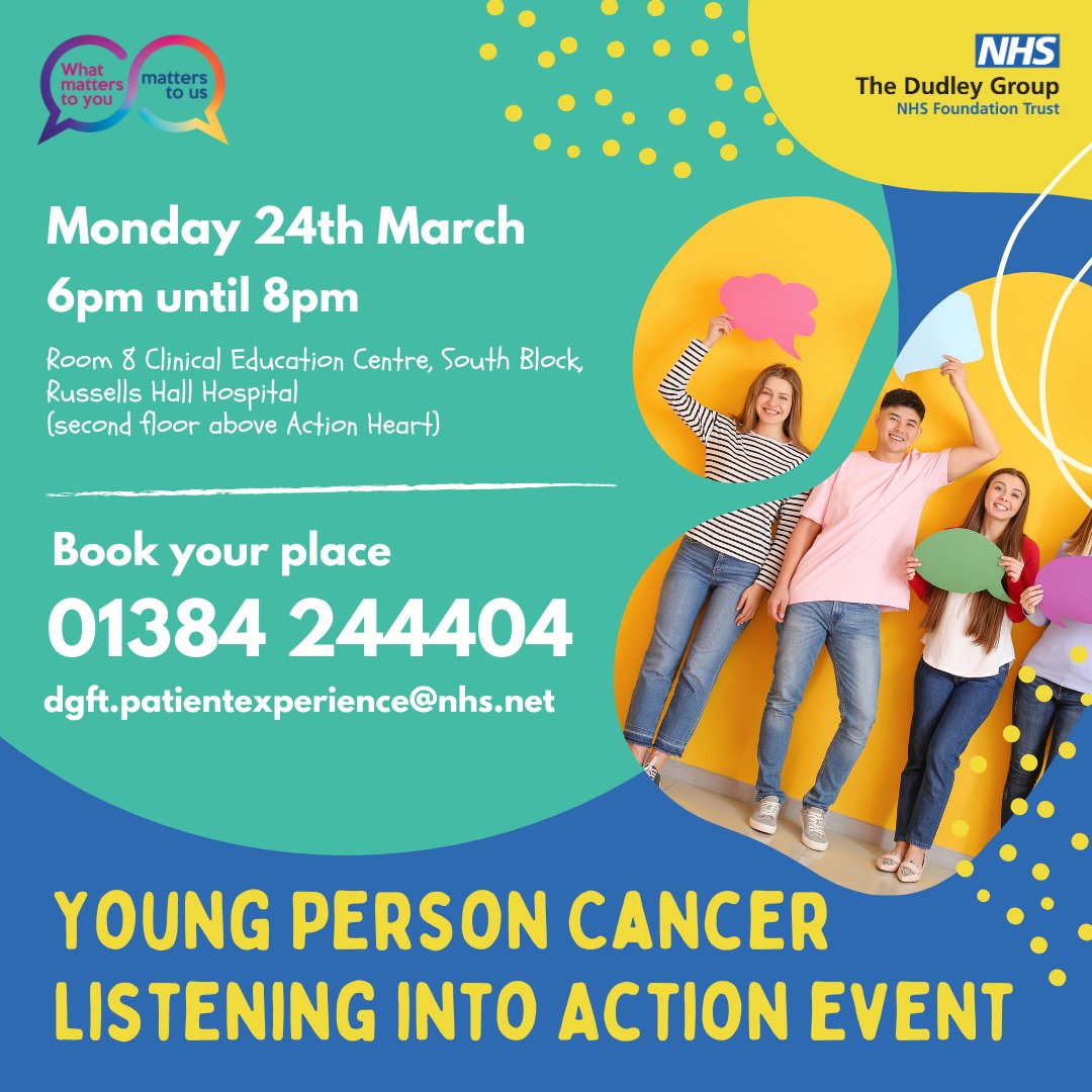 The Dudley Group (@dudleygroupnhs) on Twitter photo We are holding an event at Russells Hall Hospital to help improve the experience of our patients between the ages of 18 – 30 years receiving/received treatment for cancer.
Please contact the Patient Experience Team on 01384 244404 or email: dgft.patientexperience@nhs.net We are holding an event at Russells Hall Hospital to help improve the experience of our patients between the ages of 18 – 30 years receiving/received treatment for cancer.
Please contact the Patient Experience Team on 01384 244404 or email: dgft.patientexperience@nhs.net