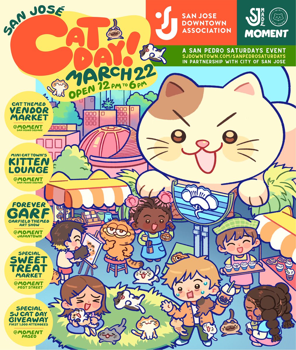 😽 San Jose Cat Day is happening in San Pedro Square today, Saturday, March 22 from 12pm - 6pm! Admission is free.

👉 View more info at sjdowntown.com/sanpedrosaturd… or sanjosemade.com